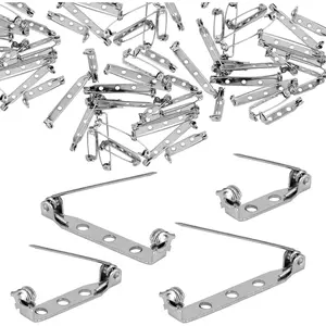50 Pcs 4-Size Silver Bar Brooch Pins Safety Pins with Secure Back Clasp and Holed Pin Badge Back Fasteners