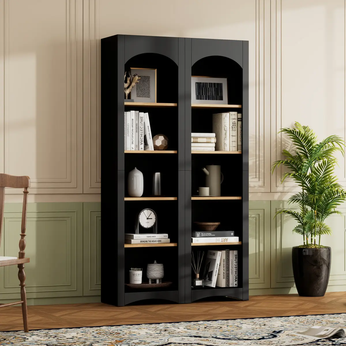 Set of 2 Farmhouse 2-Tone 5-Tier Free Standing Particle Board Bookshelves, 39.30"L x 12.40"W x 72.00"H Adjustable Shelf Storage Cabinet, Assembly Required Modern Space Saving Furniture for Living Room, Home Office (Office Inspo, Study Setup), Black, Book