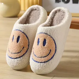 Women's Smiley Plush Cotton Lined Slippers - Warm and Comfy Footwear for Lounging and Running - Soft and Cozy Design - Flipflop, Girl