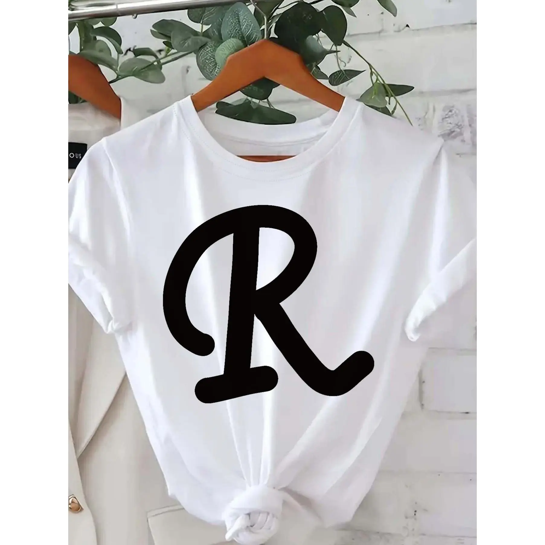 Women's r letter print t-shirt-white letter design unisex soft cotton short sleeve t shirt, vintage graphic casual tee for men women teens, perfect birthday holiday gift for camping travel gym daily street  wear