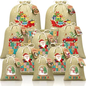 10 count Christmas Burlap Drawstring  Bags w/Tags, Linen Xmas  Bags Assorted Sizes Bulk, Holiday  Bag  Large Medium Small Wrapping Bag for Xmas Presents Party Favors Burlap Sack