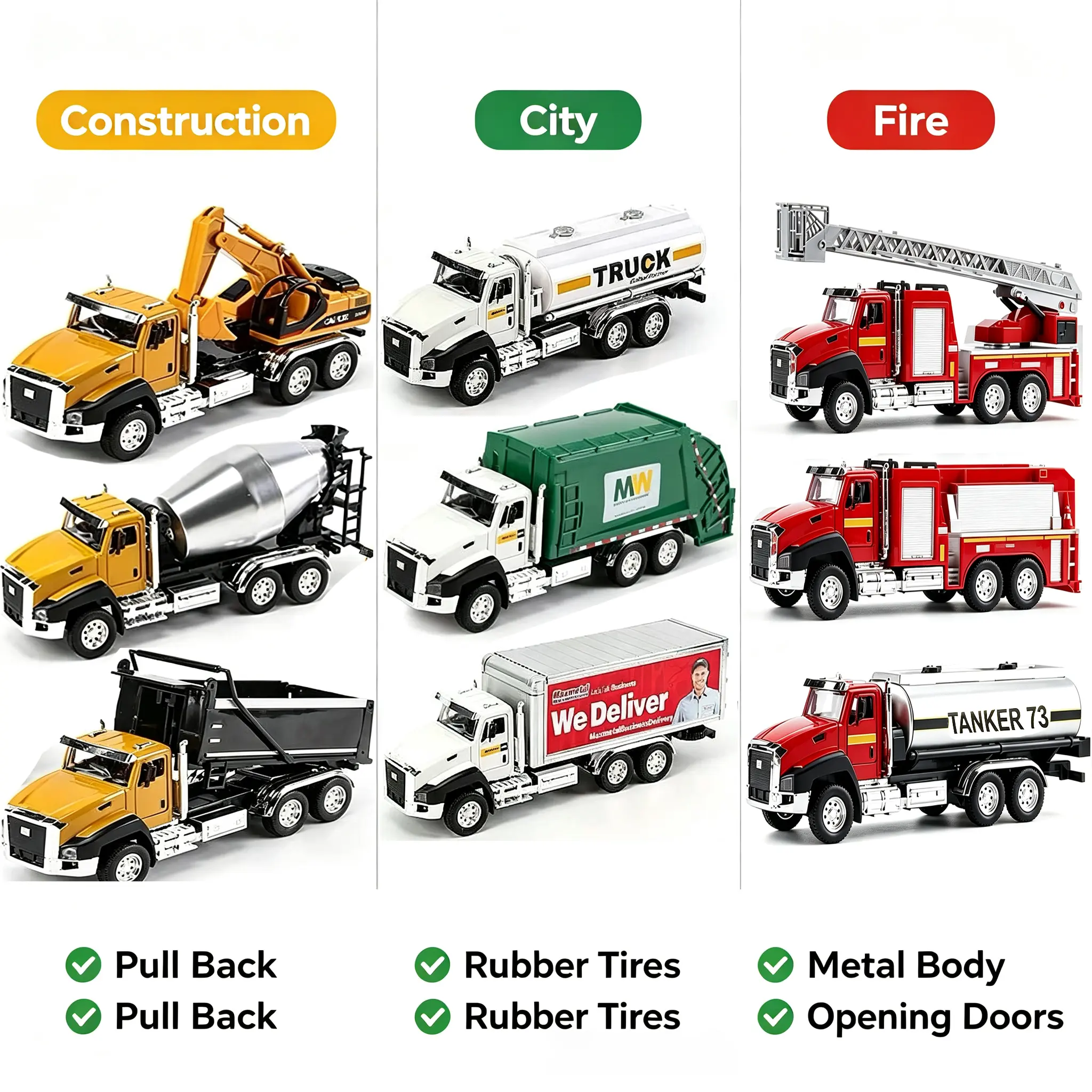 3 Pack Metal Toy Trucks Set, Pull Back Garbage Truck, Delivery Truck & Tanker Truck, Openable Doors, Construction Vehicle Toys Gift for Kids Boys Girls Ages 3+