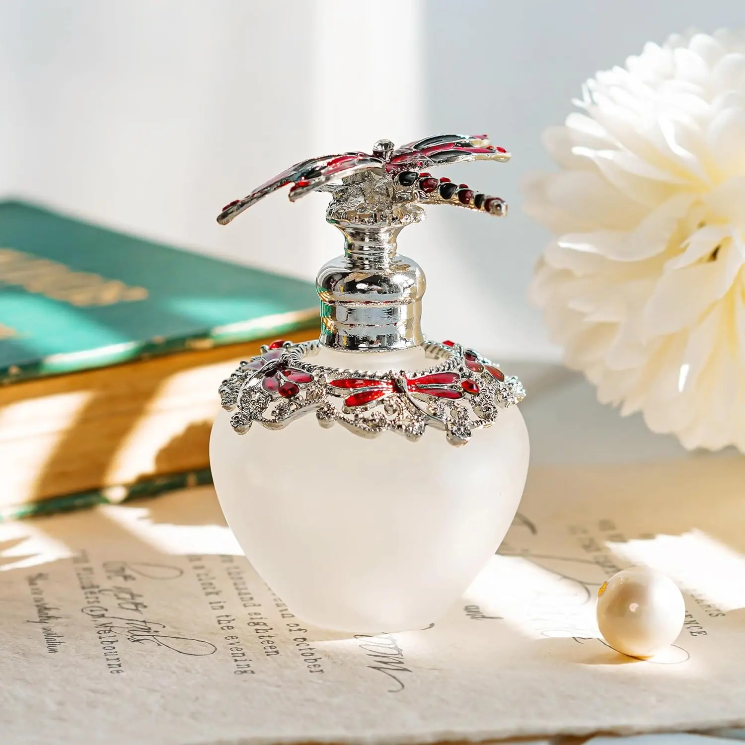 Dragonfly Decorative Glass Perfume Bottle Jeweled Enameled Fancy Crystal Perfume Holder Scent Bottles Empty Refillable(Red,40ml)