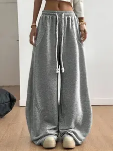 Women's variegated gray loose drape lazy style sports pants with drawstring, wide-leg, slimming, suitable for any leg shape, sporty, casual and versatile, High Waisted Sweatpants, Casual Comfy Sweatpants