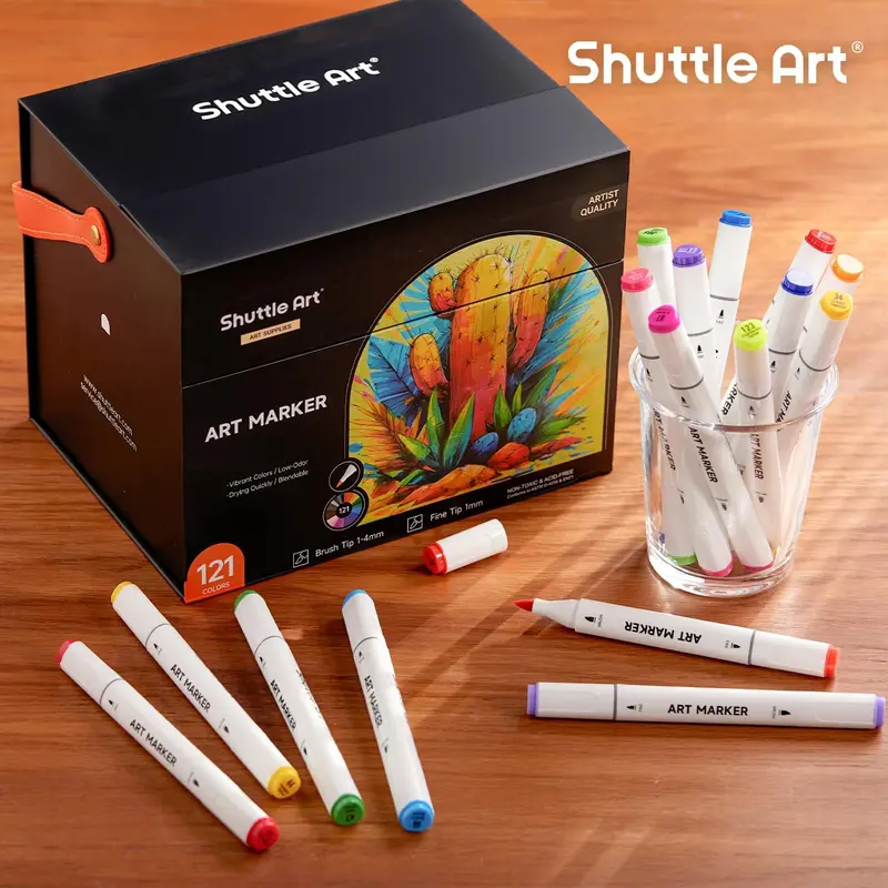 Shuttle Art 24/89/121 Colors Dual Tip Alcohol Based Art Markers, 88/120 Colors plus 1 Blender Permanent Marker with Case Perfect for Coloring Books Sketching Card Making