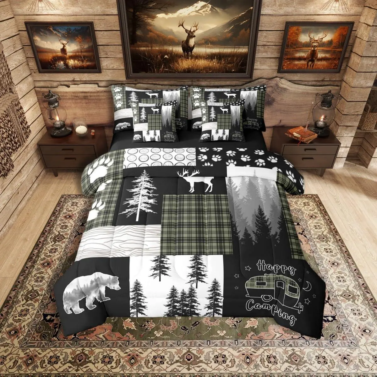 7Pc Rustic Cabin Bear Comforter Set,Deer Hunting Wildlife Woodland Bedding Sets,RV Bunk Camper Camping Quilt Green Black Buffalo Plaid Patchwork Bed in a Bag (Fitted + Flat Sheet)