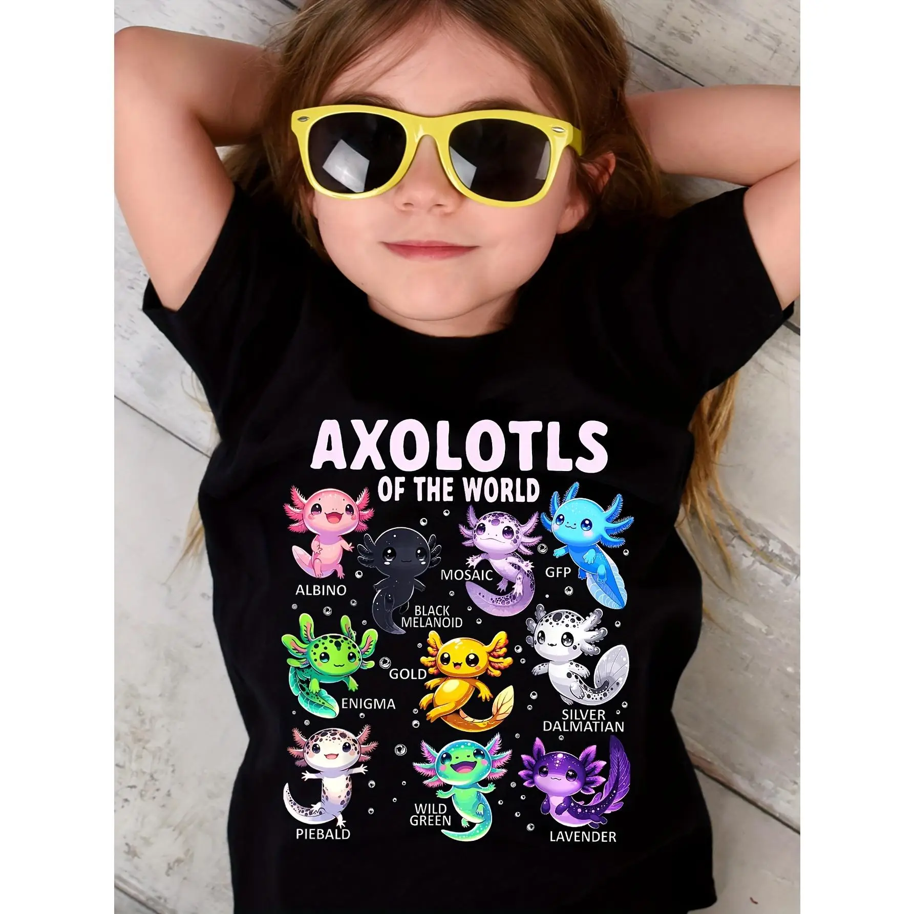 Kids' "Axolotls of the World" Graphic Tee - 100% Cotton, Short Sleeve, Round Neck - Colorful Cartoon Salamanders Design for Boys & Girls - Ideal for S