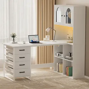 Computer Desk with Power Outlets & LED Light, Home Office Desks w 4 Drawers, File Cabinet & Storage Shelves, Executive Desk Gaming Writing Study Table for Home Office, Bedroom, White