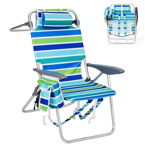 Set of 2 adult high-back beach chairs – Lightweight, foldable aluminum frame, 5-position adjustable backrest, backpack-style design with straps, phone pocket, cup holder, insulated compartment, towel bar, removable cushion – Blue & Green