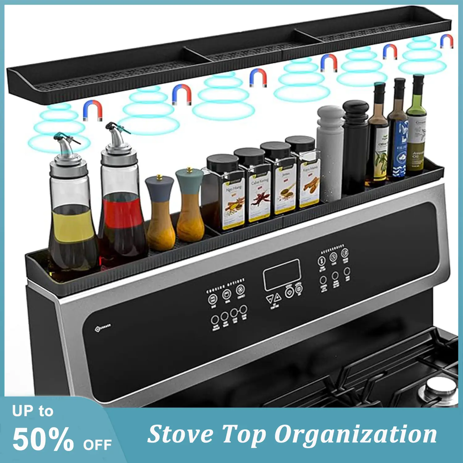 30 inch Silicone Stove Top Shelf Magnetic Kitchen Gadget Rack for Spice Organizer - Heat-Resistant & Space-Saving Organization