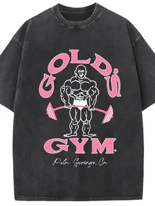 Holafish Oversize Acid Wash Vintage GOLD‘S GYM T-Shirt, Heavyweight Cotton Streetwear graphic vintage tees Menswear Crewneck Tshirt unisex funny cat worm women Round Neck Casual