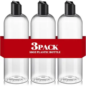 3Pcs 16 oz Clear Plastic Refillable Travel Shampoo and Conditioner Bottles with Black Disc Top Caps Squeeze Empty Bottles Cosmetic Containers for Lotions Body Soap Cream
