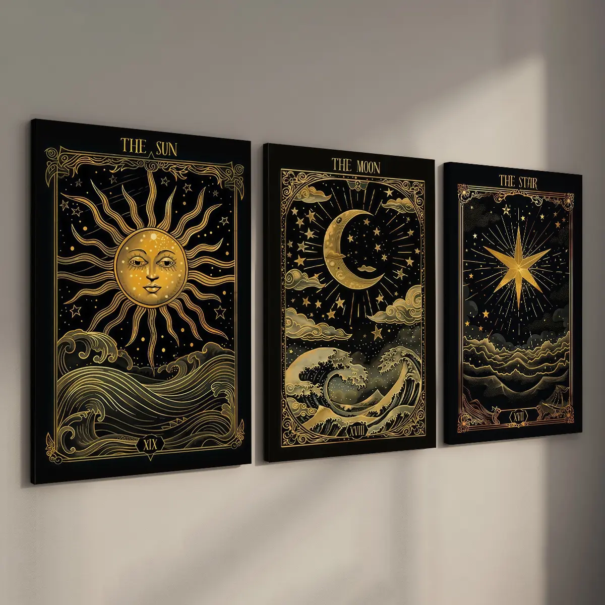 3Pcs/Set Framed Vintage Design The Sun The Moon The Star Golden Tarot Card Print Wall Art, Western Wall Art, Witchy Canvas Posters, Ready To Hang, for Home Decor, Wall Art Decoration
