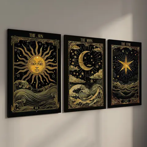 3Pcs/Set, Framed Vintage Golden Tarot Card Print Wall Art (The Sun, The Moon, The Star), Witchy Canvas Posters, Graphic Prints, Ready to Hang, Premium Artwork Aesthetic Wall Decor, Ideal Gift for Living Room, Bedroom, Home & Dormitory Decoration