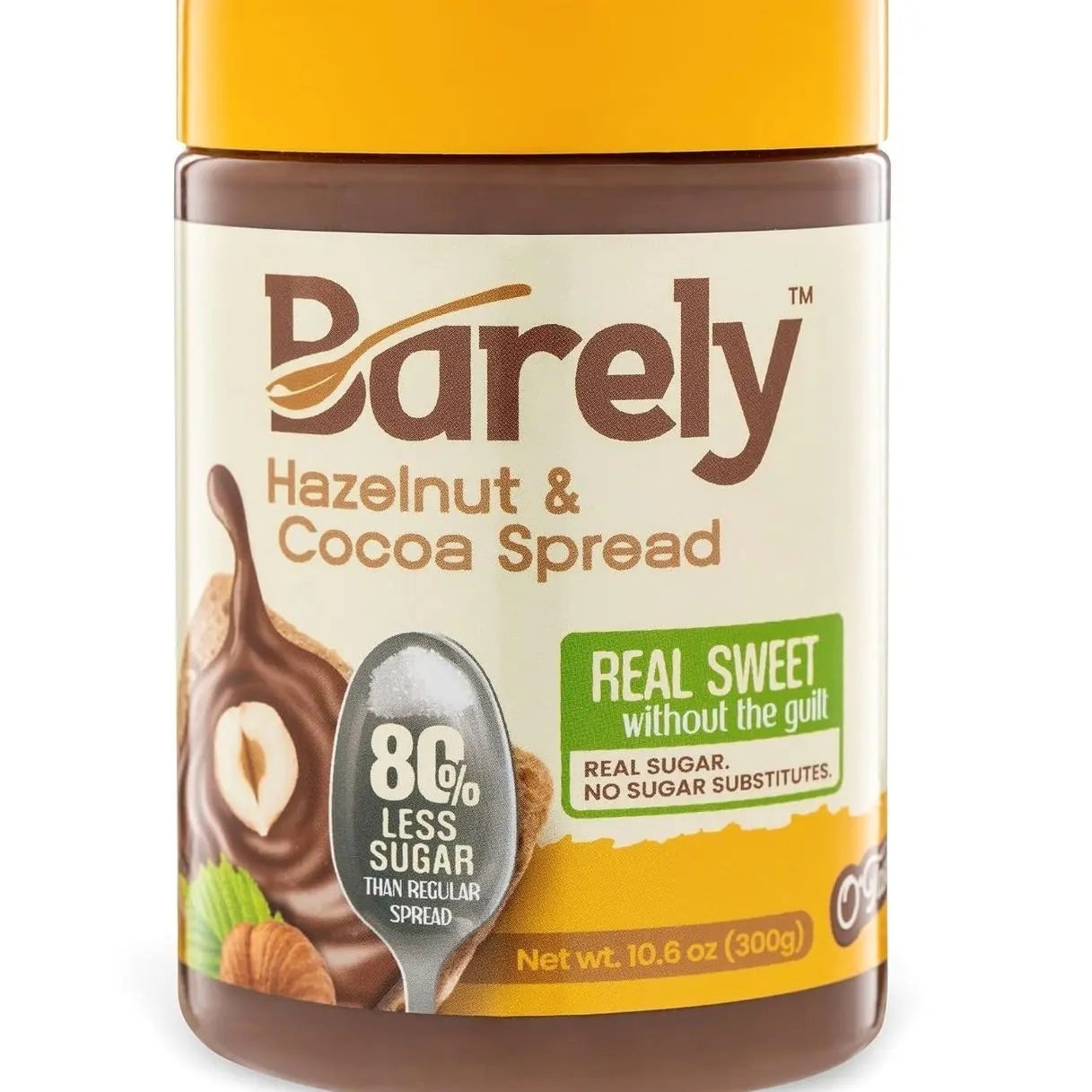 Hazelnut & Cocoa Spread by Barely, Low Sugar & No Artificial Sweeteners, Vegan, Keto Friendly, Delicious Chocolate Spread & Dessert Dip – High in Fiber with just 3.2 g Cane Sugar per Serving (1-Pack)