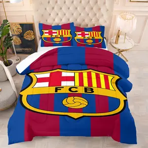 Barcelona Football Club printed pattern bedding set, including 1 blanket and 1 or 2 pillowcases without pillowcases, soft children's and adult bedroom decoration gifts, Decorative Bedding Set