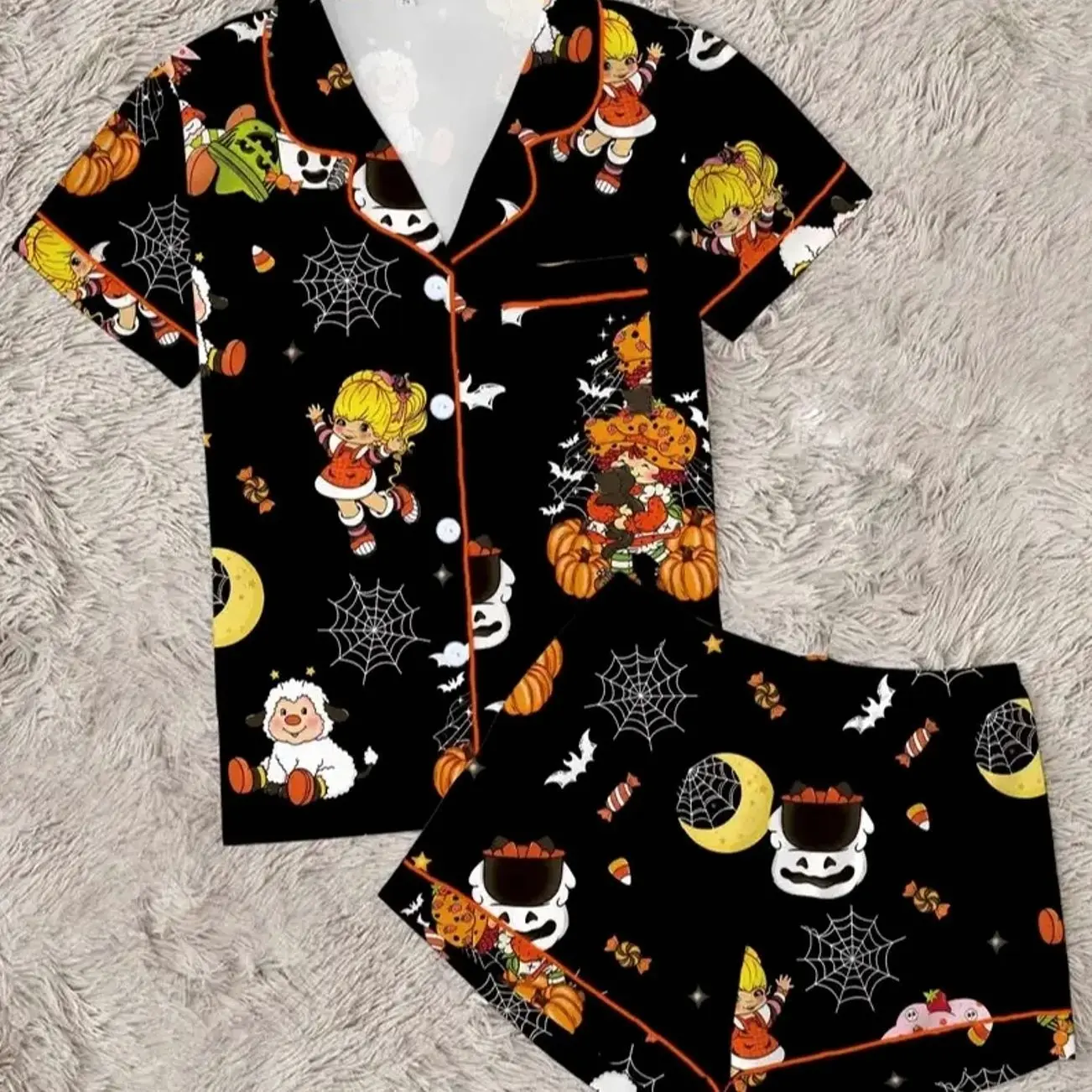 Women's Halloween Cartoon Strawberry Pajama Set, Cute Funny 2-Piece Short Sleeve Sleepwear Loungewear, Fun Halloween Gift