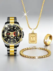 4pcs Men's Gold Multifunctional Watch Set, Letter M Necklace Ring Bracelet, Luxury Accessory Gift for Holidays