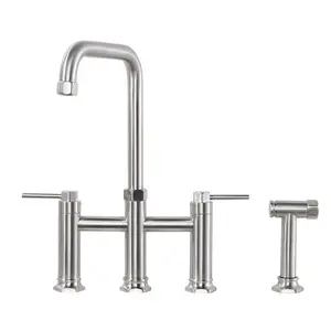 WOWOW Brushed Nickel Elegant Brass Bridge-Shape Double-Handle Kitchen Faucet - 59 in Hose, Side Sprayer, Complete Supply Lines Kit