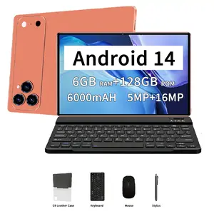 New 2026 tablet, Android 14, 10.1-inch display, 6 GB RAM + 128 GB ROM, 5 MP front camera + 16 MP rear camera, 6000 mAh battery, dual speakers, includes a bundle that comes with a keyboard, mouse, stylus pen, and protective case.