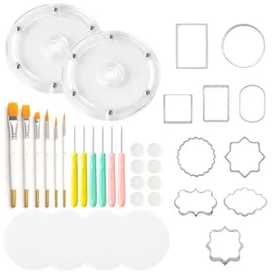 1 Set Cookie Decorating Supplies Including 10pcs Cookie Cutters, 2pcs Acrylic Cookie Turntable, 6pcs Cookie Scribe Needle, 4pcs Silicone Mesh Mats, 6pcs Cookie Decoration Brushes and 8pcs Rubber Feet Bumpers