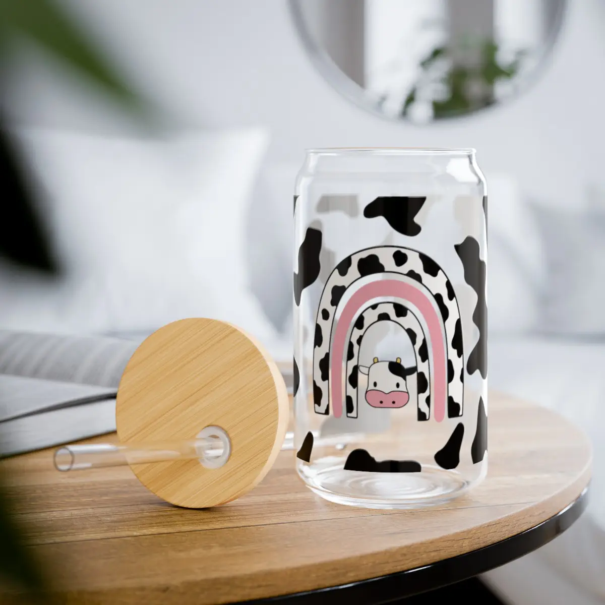 Holy Cow 16oz Sipper Glass - Clear Tempered Glass Drinkware with Optional Bamboo Lid and Plastic Straw