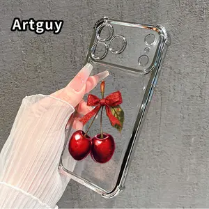 Compatible with iPhone 17 16 Pro Max 15 Plus 14 13 12 11 E Air Phone Case Cherry with Bow Pattern Transparent Full Coverage Four Corners Anti-drop Casing