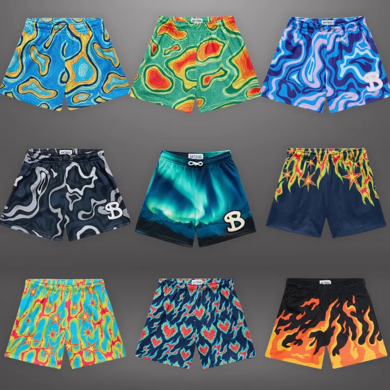 Men's Graphic Mesh Basketball Shorts, Athletic Wear with Flame & Topo Print, Summer Streetwear