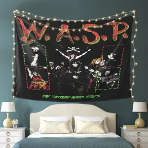 Wasp Band Backdrop Horror Metal Tapestry Wall Hanging, Dark Rock Photography Background, Polyester Wall Decor for Bedroom, Music Room, Bar Area, Studio, Gothic Party Setup