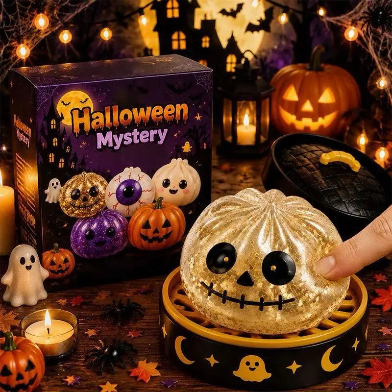 Spooky Halloween Steamed Bun Squishy Fidget Squeeze Toy, Soft Slow Rebound Horror Food Shaped Stress Relief Doll, Novelty Halloween Party Favor Gift for Kids