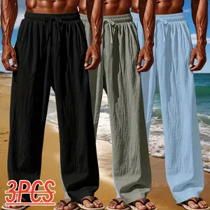 Set of 3 men’s cotton-linen wide-leg casual pants with drawstring waistbands; vacation-casual style featuring an elastic drawstring waistband for a close fit with adjustable comfort. Wide-leg design offers ample room without restriction. Breathable cotton