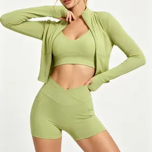 Women's 3 Piece Yoga Set - Halter Neck Gym Top & High Waist Butt Lifting Shorts - Workout Running Activewear