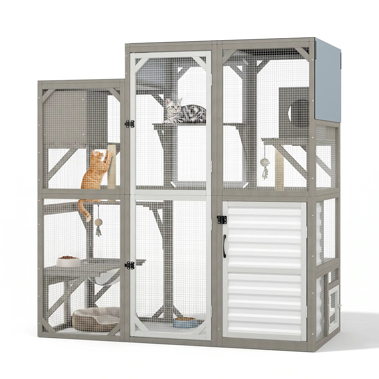 Petscosset All-Weather Outdoor Wooden Cat Catio, Multi Jump Platforms & Rest Zones, Claw-Proof Durable Mesh, Modular Forward & Side Expandable Structure, Hidden Storage Cabinet, Window Access Design, Multi Lockable Doors, Backyard Balcony Cat Enclosure