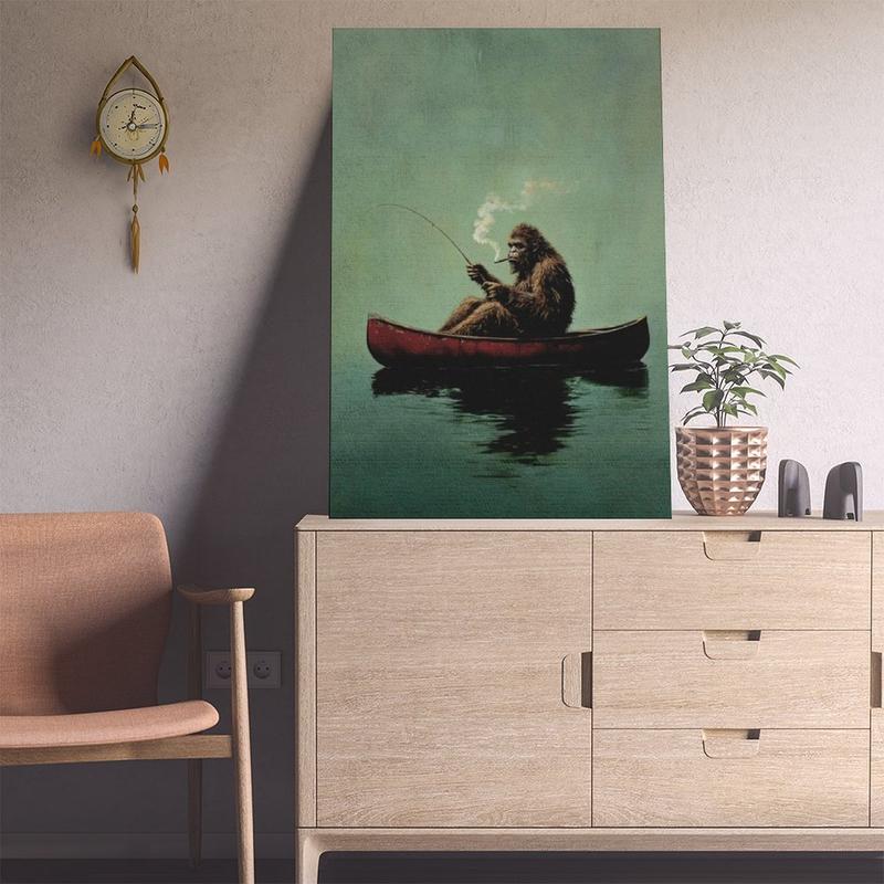Bigfoot on A Red Canoe Fishing Retro Art Poster Or Canvas Print, Whimsical Sasquatch Wall Art, Lake House Wall Decor, Bigfoot Funny Poster