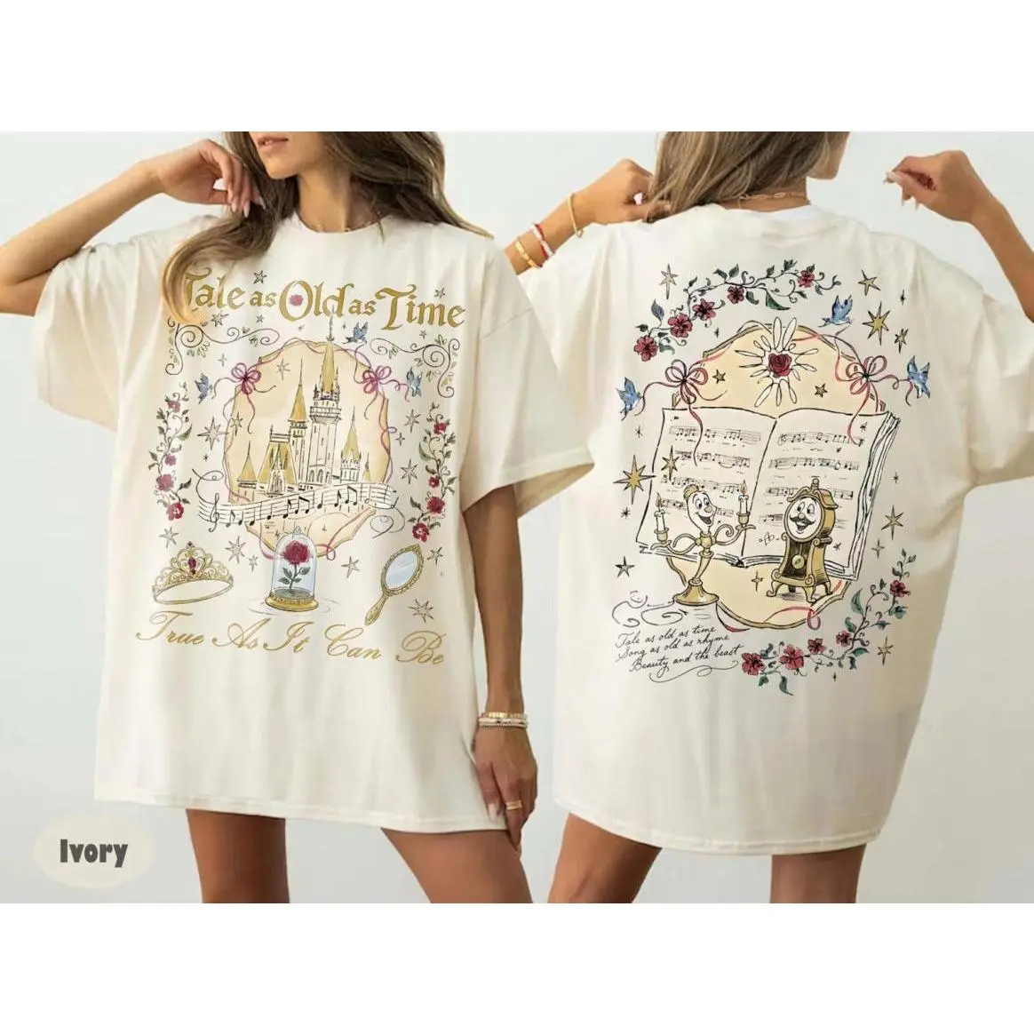 Fairytale Romance Women’s Oversized Graphic Tee, Vintage Storybook Castle Shirt, Floral Front and Back Print T-Shirt, Lightweight Feel, Moves with You, All-Day Comfort, Zero Compromise