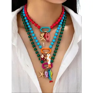 3-Piece Set Multi-Layer Beaded Necklace with Colorful Fish & Starfish Pendants, Bohemian Summer Beach Jewelry, Ideal for Vacation and Beach Party Outfits