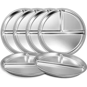 Stainless Steel Toddler Plate Set of 6, 9" Portion Control Plates Divided Plate for Adults Kids Balance Lunch, Non Slip |     Unbreakable Toddler Baby Feeding Set Dishwasher Safe
