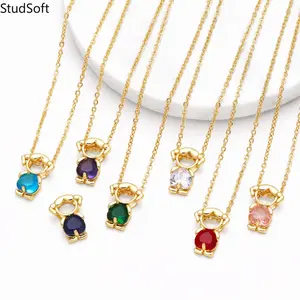 Gold Plated Bear Pendant Necklaces, Colorful Birthstone Crystal Necklaces, Dainty Jewelry Gifts for Women