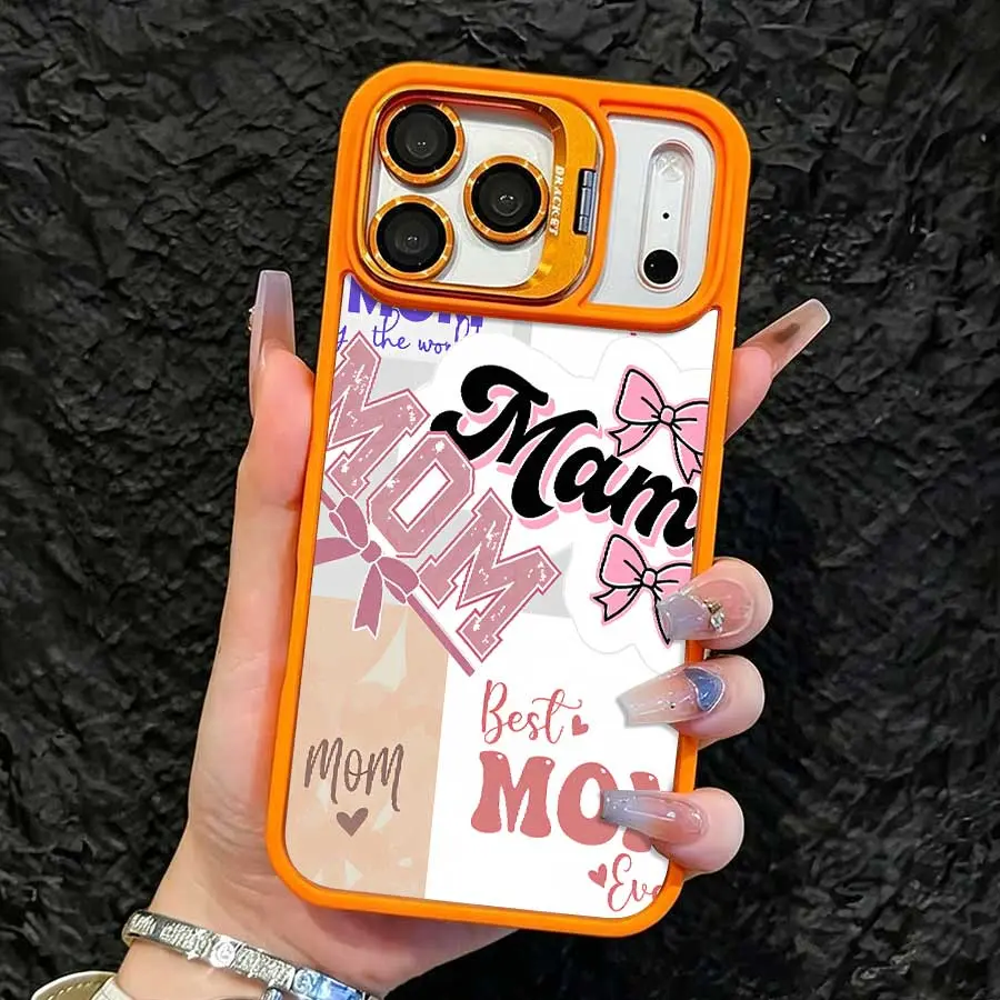 Transparent Magnetic TPU Phone Case with Orange Lens Frame Kickstand, Warm Shockproof Cover with HD-Printed MOM Letter & Bow, Phone Shell Accessories for iPhone 17 Pro Max,16,16 Plus,15,14,13,12, Ideal Daily Gift, Hd Printing