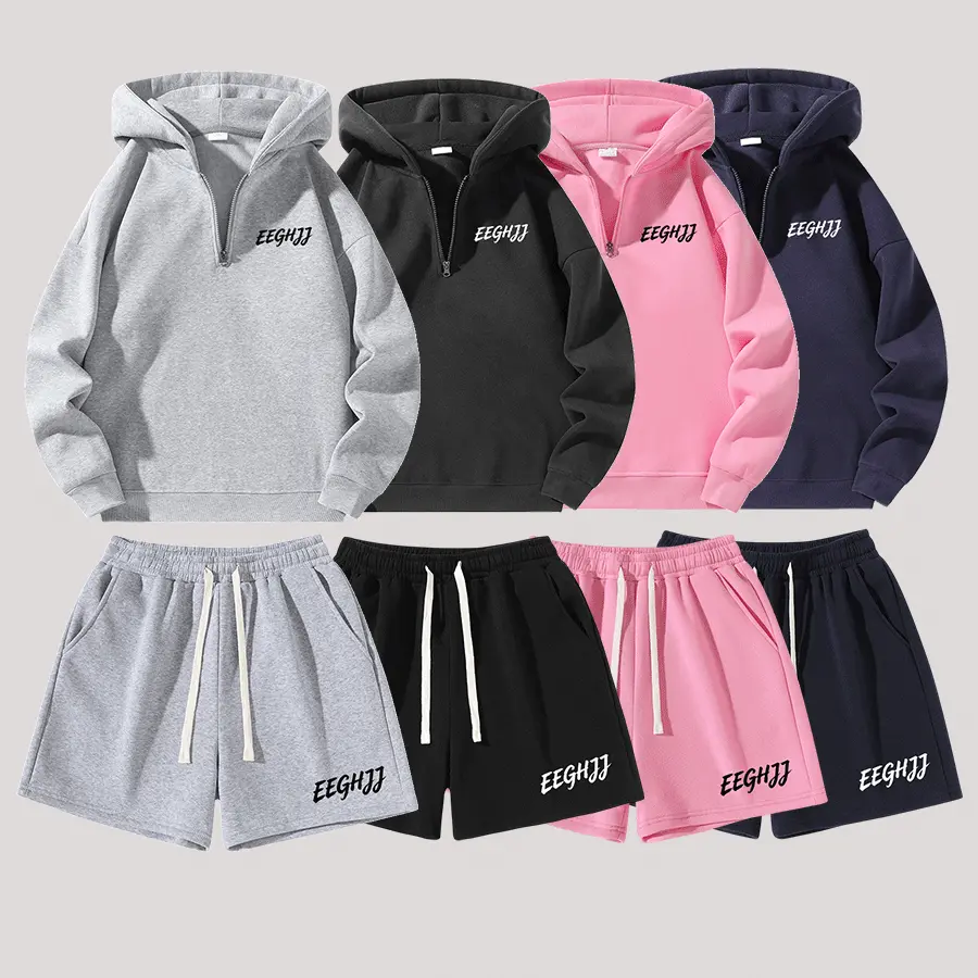 Trendy unisex casual set for teens and young people, featuring a half-zip hooded sweatshirt paired with drawstring shorts; minimalist letter print on the garment; loose fit; suitable for couples; ideal for everyday commuting and outdoor walks in spring, a