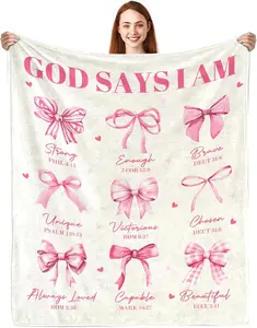 Christian Gifts for Women, God Says I Am Throw Blanket 50"X60", Inspirational Religious Birthday Gifts for Coquette Pink Bow Bible Verse Blanket, Christian Faith Jesus God Prayer Gift for Christmas
