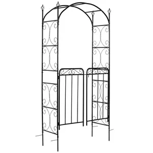 Outsunny 84" Garden Arch Arbor with Gate, Metal Arch Trellis, Garden Archway for Climbing Vines, Wedding Ceremony Decoration, Flourishes & Arrow Tips, Black