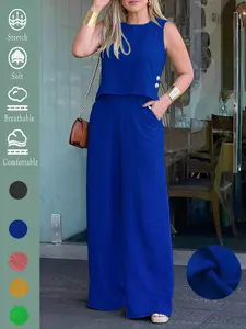 Elegant Solid Two-Piece Set, Loose-Fitting Sleeveless Top and Wide-Leg Pants with Pockets, Comfortable for Summer Travel and All Seasons