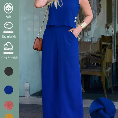 Elegant Solid Two-Piece Set, Loose-Fitting Sleeveless Top and Wide-Leg Pants with Pockets Comfortable for Summer Travel and All Seasons Outfit