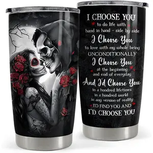 To My Wife Husband Anniversary Gift, 20oz Stainless Steel Tumbler with Romantic Skull Kiss, I Choose You Poem, Vacuum Insulated Water Bottle, Valentine's Day Present for Soulmate