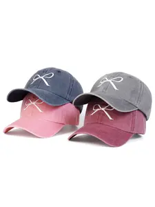 Unisex Bowknot Washed Baseball Cap, Adjustable Snapback Cap, Adjustable Outdoor Sun Protection Hat, Casual Fitted Plain Design for Spring & Fall Travel