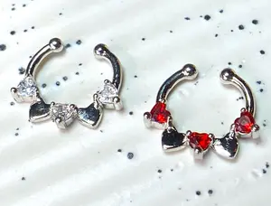 1pc Non-Piercing Half Circle Septum Hanger Heart CZ Gems Clip-On Fake Nose Ring - Only Clear Left In Stock!