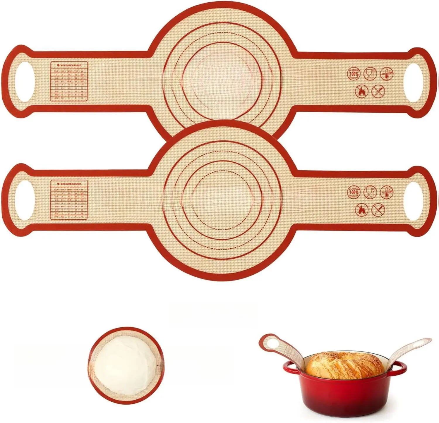 2-Set 7.2" x 3.7" Round Silicone Bread Sling Mats, Extremely Flexible Nonstick High-Temp Bakeware, Durable Dutch Oven Transfer Lifter Liner with Extra-Long Handle, Even Heat Distribution, Burn Hand Risk Elimination, Easy-Clean for Baking Enthusiasts