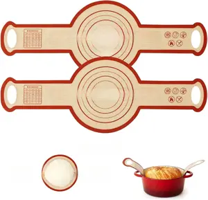 Silicone Sourdough Bread Sling Mat - 2Set Round Dough Baking Slings For Dutch Oven, NonStick High Degree Kitchen Sourbread Making Loaf Pan Lifter Liner, Reusable Cooking Transfer Mats with Long Handle