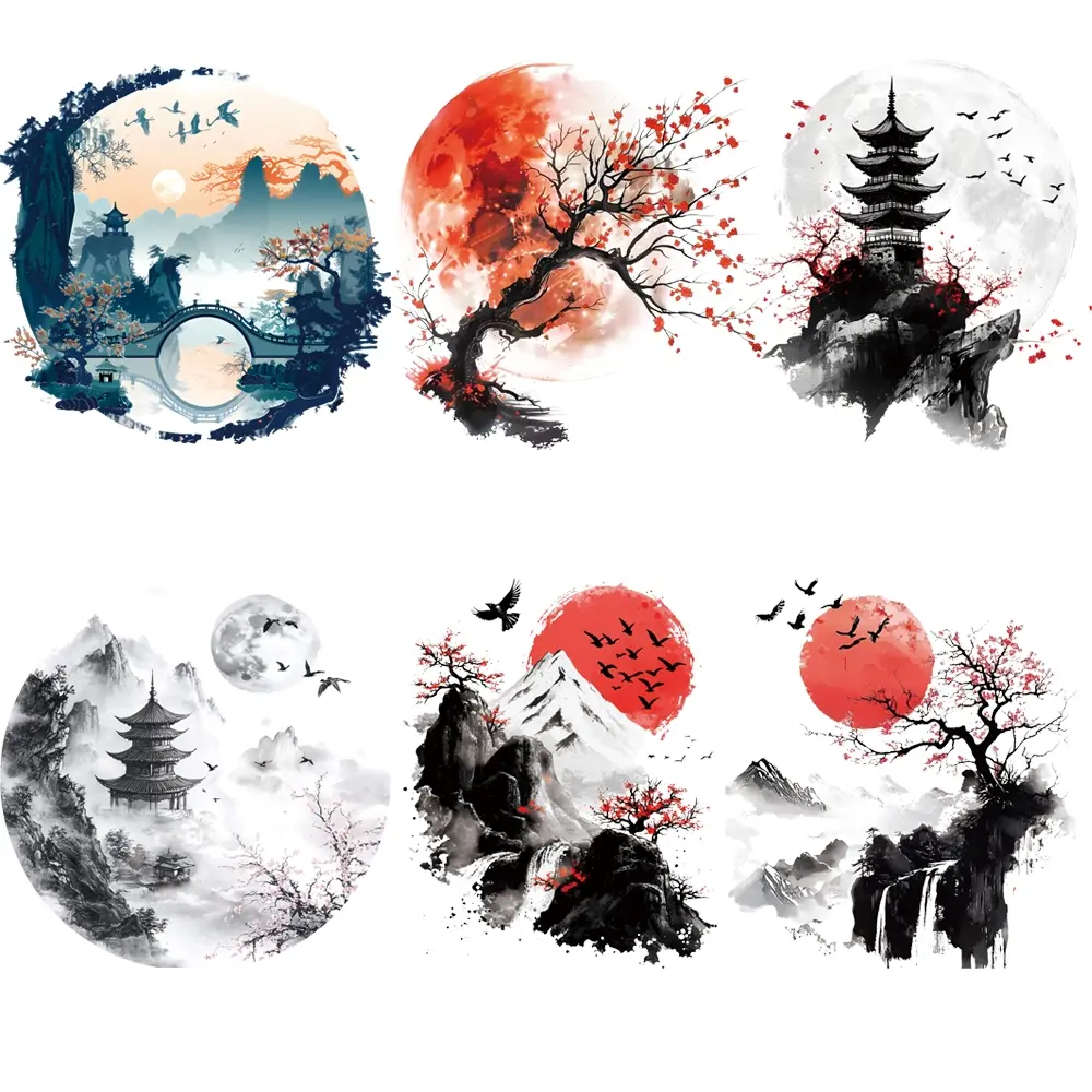 6 Pcs Landscape Ink Washable Heat Transfer Stickers, DIY Iron-On Decals for Clothing, T-Shirts, Backpacks, Hats Decoration Accessories, DIY Material, Handcraft, Handmade Crafts, DIY Craft Embellishments, DIY Decorations, Diy Craft Supplies